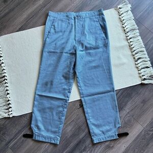 y2k MIU MIU Light Blue Rayon Straight Fit Pants with Snap Closures at the Bottom